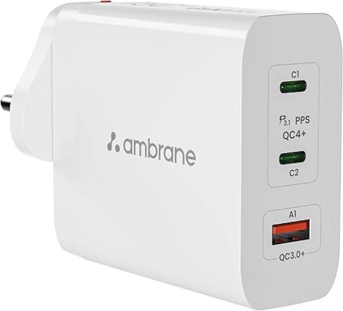 Ambrane 150W GaN Multi-Port Fast Charger Type C USB Compatible with All iPhones, Android Smartphones & Laptops (MacBook & Windows) with Dual Removable Pins for India & EU/US (RAAP G150, White)