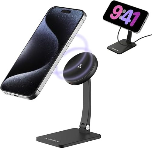 Ambrane 15W MagSafe Wireless Charger & Mobile Stand Lightweight & Foldable for iPhone 15/15 Plus/15 Pro/15 Pro Max, iPhone 12/13/14 Series & Other Qi Devices + Magnetic Ring (Aerosync S1, Black)