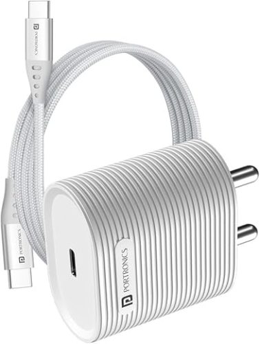 Portronics Adapto 33G 33W GaN Type C PD Port Fast Wall Charger Comes with 60W Nylon Braided Type C to Type C Fast Charging Cable, Compatible with iPhone 8 and Above, iPad, Tablet(White)