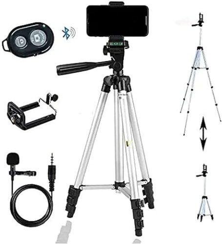 theprintingzone Adjustable Aluminium Alloy Tripod Stand Holder for Mobile Phones & Camera, 360 mm -1050 mm, 1/4 inch Screw + Mobile Holder Bracket + Collar Mic + Shutter Button